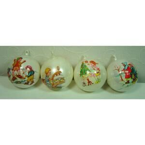 LOT OF 4 VINTAGE BRADFORD NOVELTY PLASTIC BALL ORNAMENTS-1975-ALL DIFFERENT